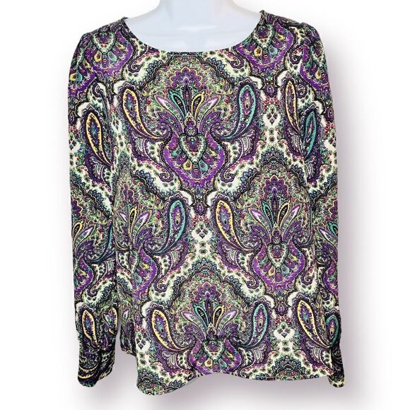 J.Crew Factory Paisley Puff Sleeve Satin Blouse Purple Cream XS - Picture 1 of 8